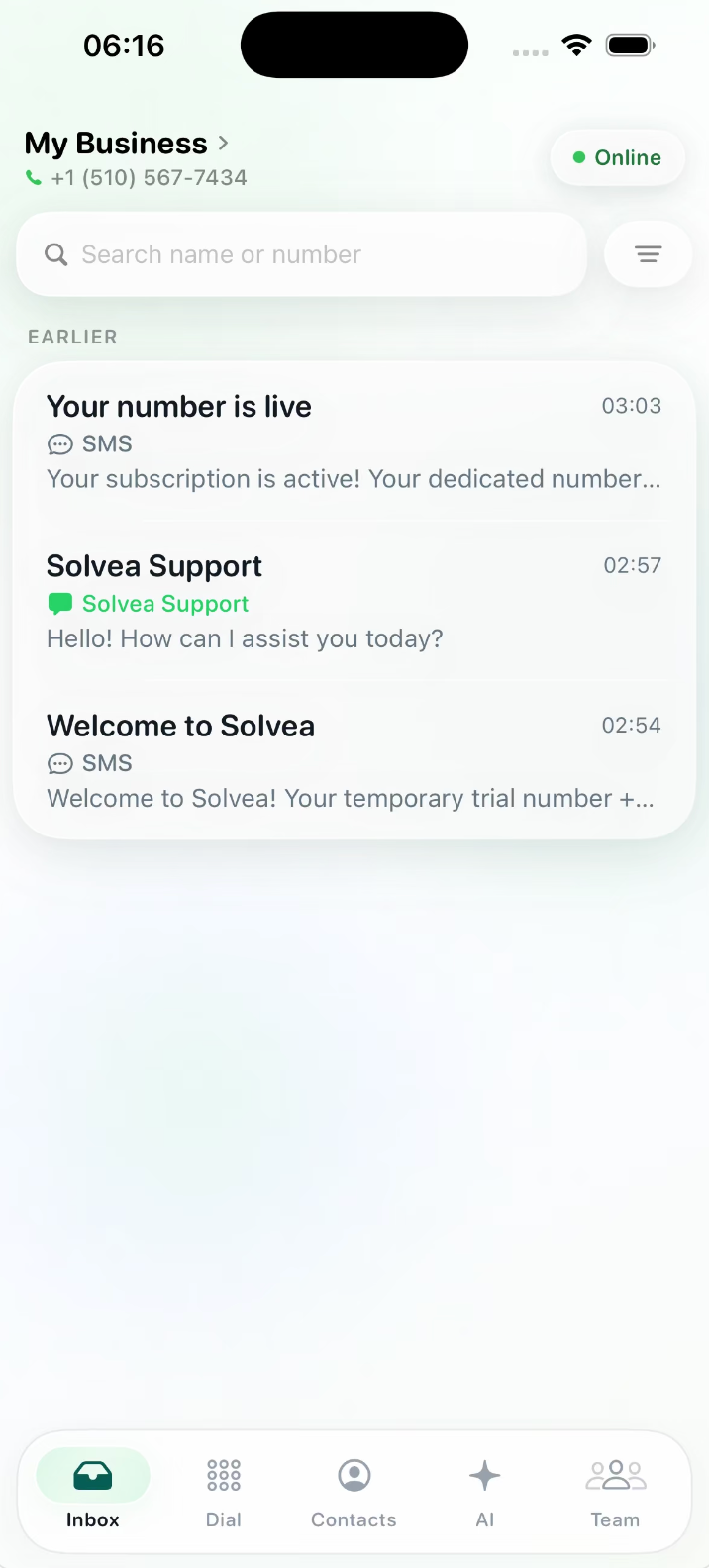 Solvea app inbox with calls, SMS, and support conversations