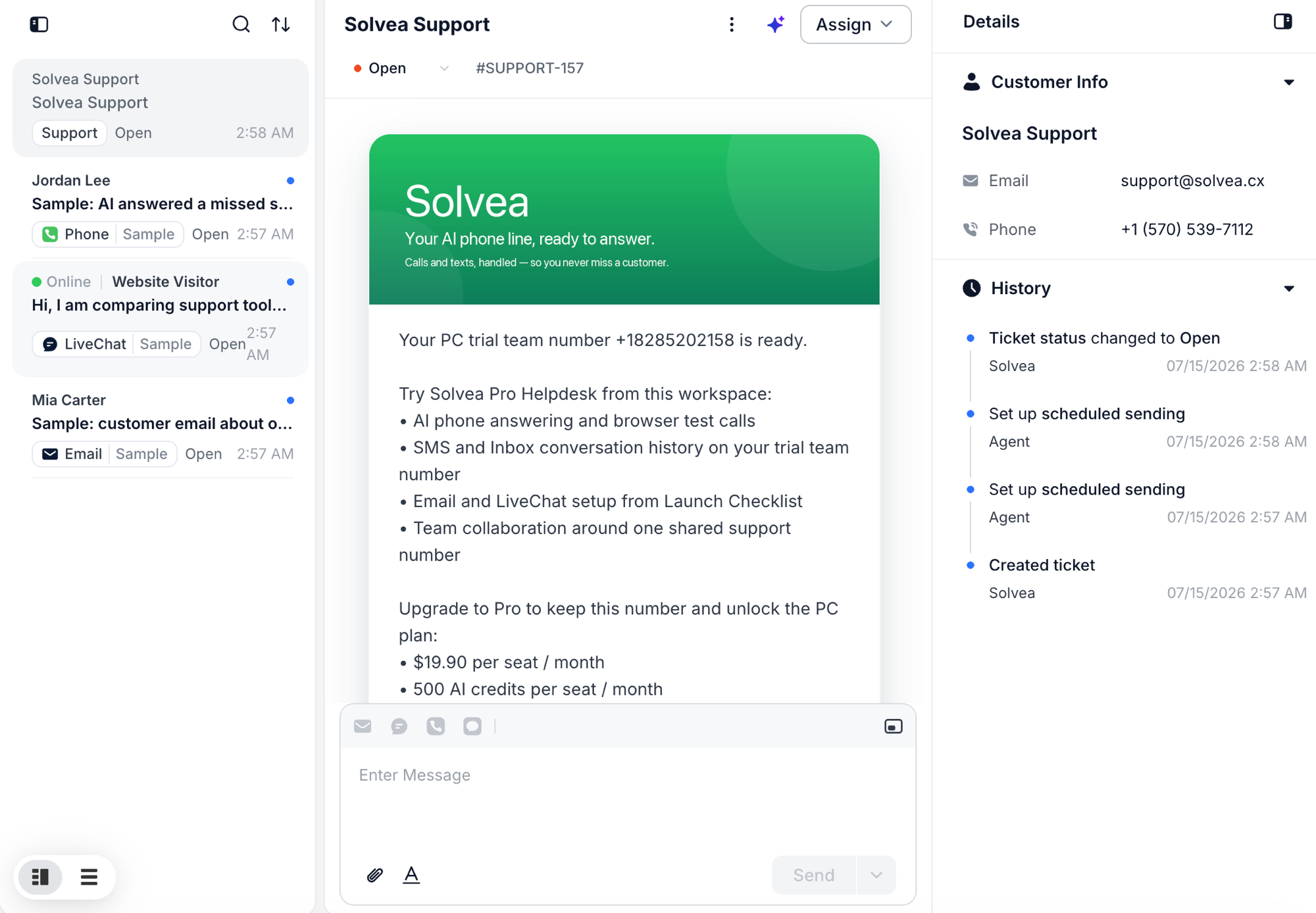 Solvea PC Desk ticket inbox with customer details and history